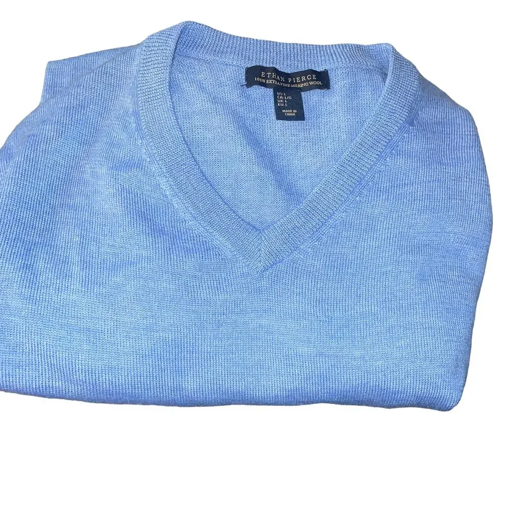 Ethan Pierce Sweater Men's Size L Blue Merino Wool V Neck Long Sleeve Pullover